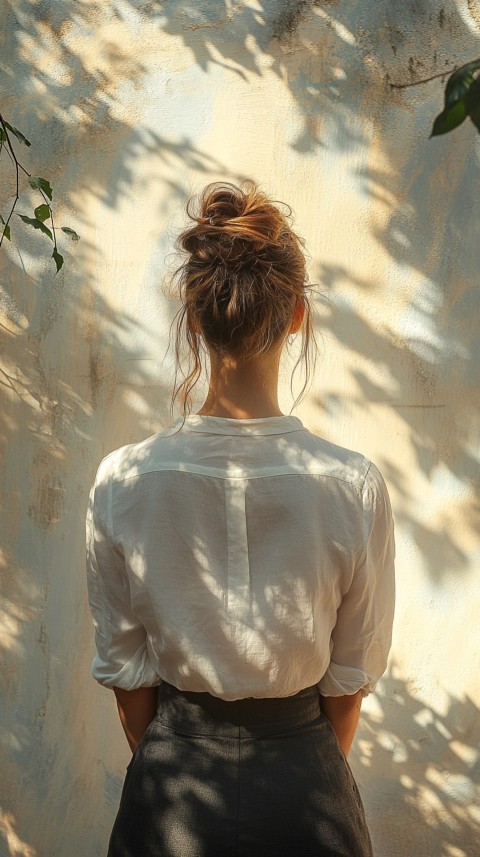 Shadow of a Woman with a Messy Bun on a Cream Wall in Sunlight – Subtle Aesthetic (48)