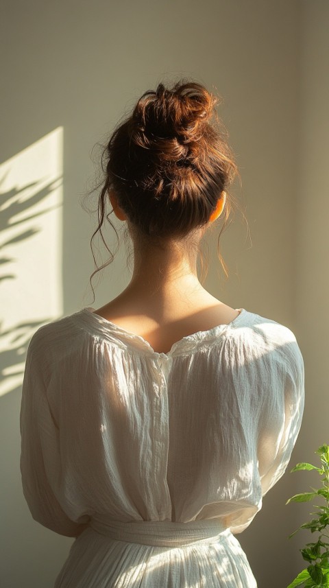 Shadow of a Woman with a Messy Bun on a Cream Wall in Sunlight – Subtle Aesthetic (29)