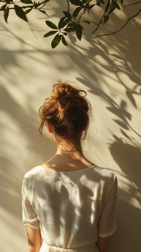 Shadow of a Woman with a Messy Bun on a Cream Wall in Sunlight – Subtle Aesthetic (30)