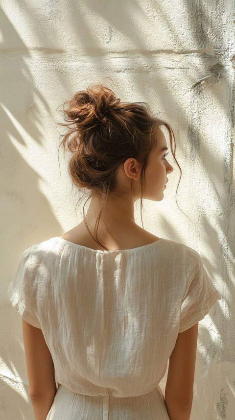 Shadow of a Woman with a Messy Bun on a Cream Wall in Sunlight – Subtle Aesthetic (45)