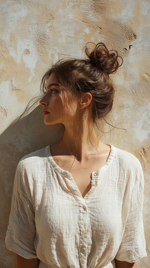 Shadow of a Woman with a Messy Bun on a Cream Wall in Sunlight – Subtle Aesthetic (32)