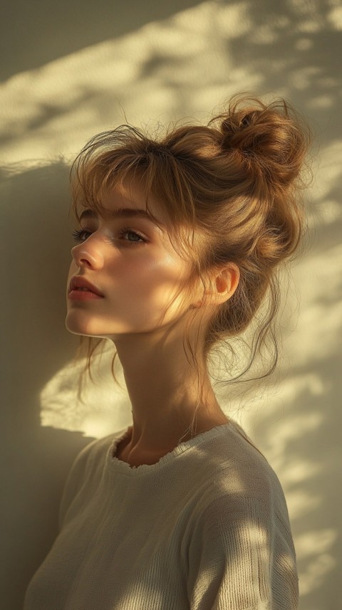 Shadow of a Woman with a Messy Bun on a Cream Wall in Sunlight – Subtle Aesthetic (72)