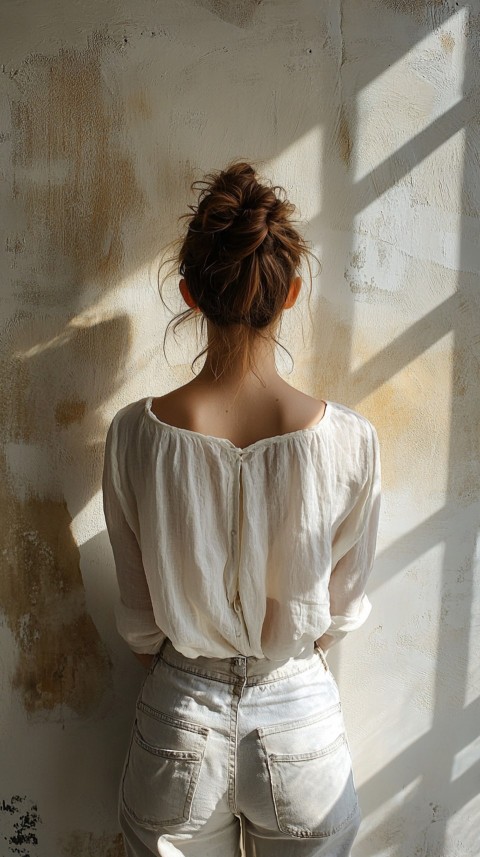 Shadow of a Woman with a Messy Bun on a Cream Wall in Sunlight – Subtle Aesthetic (78)