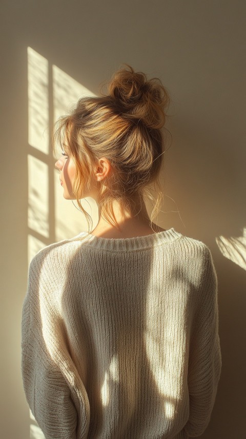 Shadow of a Woman with a Messy Bun on a Cream Wall in Sunlight – Subtle Aesthetic (52)