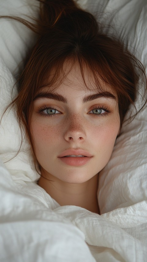 Young Woman Lying in a Bed with Messy Sheets Lazy Girl Aesthetic (4)