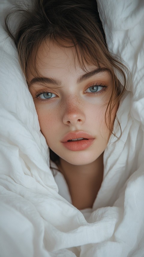 Young Woman Lying in a Bed with Messy Sheets Lazy Girl Aesthetic (28)