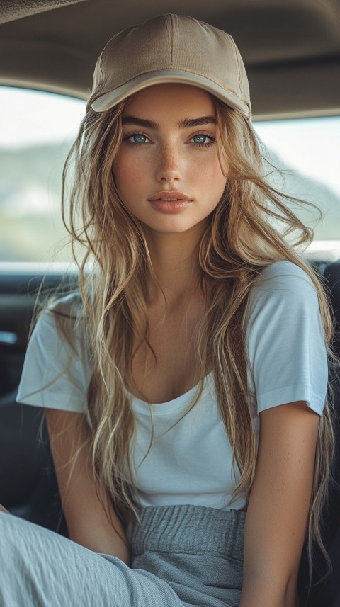 Side View of a Woman in a Beige Cap and Gray Sweatpants Sitting in a Car's Passenger Seat – Casual Aesthetic (25)