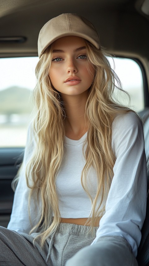 Side View of a Woman in a Beige Cap and Gray Sweatpants Sitting in a Car's Passenger Seat – Casual Aesthetic (24)