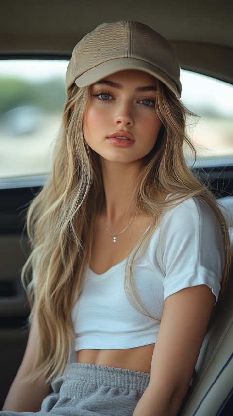 Side View of a Woman in a Beige Cap and Gray Sweatpants Sitting in a Car's Passenger Seat – Casual Aesthetic (10)