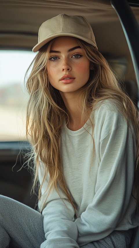 Side View of a Woman in a Beige Cap and Gray Sweatpants Sitting in a Car's Passenger Seat – Casual Aesthetic (23)