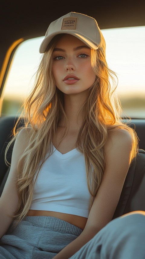 Side View of a Woman in a Beige Cap and Gray Sweatpants Sitting in a Car's Passenger Seat – Casual Aesthetic (4)