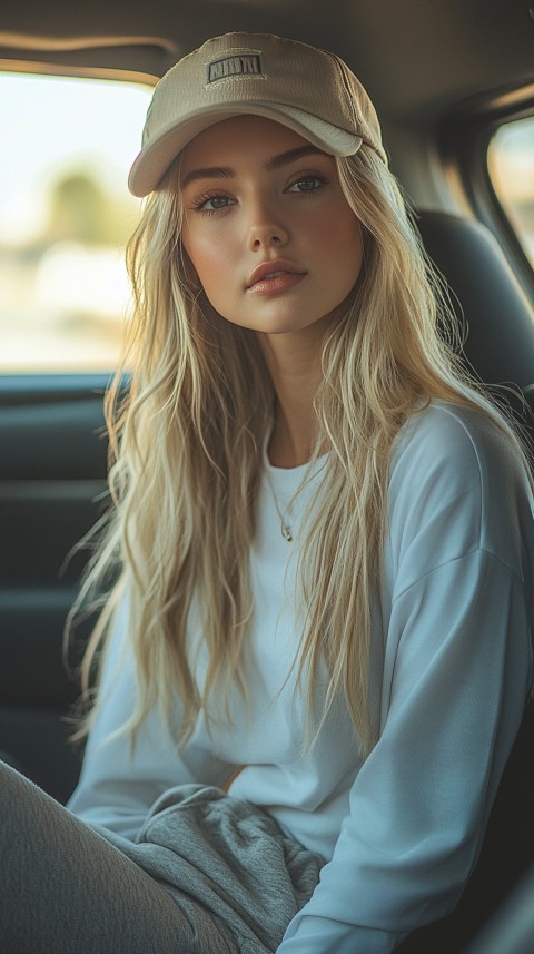 Side View of a Woman in a Beige Cap and Gray Sweatpants Sitting in a Car's Passenger Seat – Casual Aesthetic (47)