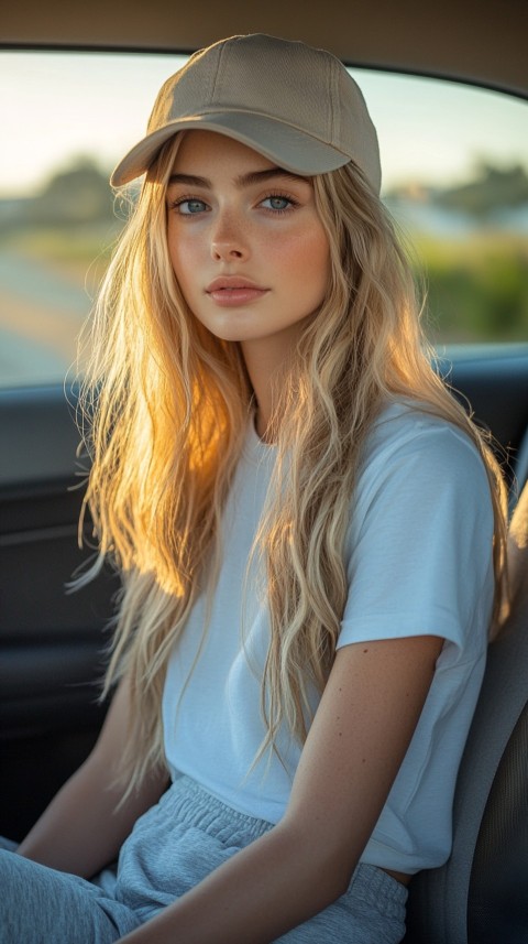 Side View of a Woman in a Beige Cap and Gray Sweatpants Sitting in a Car's Passenger Seat – Casual Aesthetic (52)