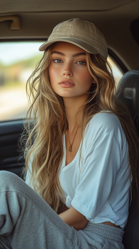 Side View of a Woman in a Beige Cap and Gray Sweatpants Sitting in a Car's Passenger Seat – Casual Aesthetic (40)