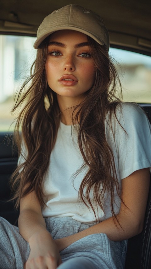 Side View of a Woman in a Beige Cap and Gray Sweatpants Sitting in a Car's Passenger Seat – Casual Aesthetic (59)