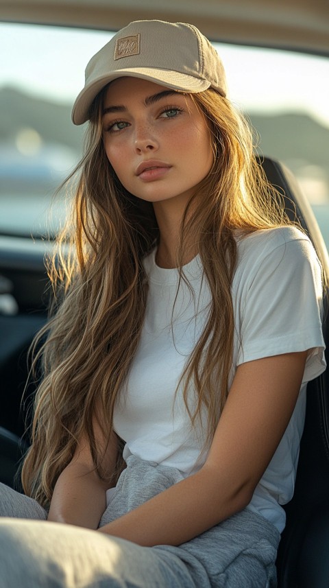 Side View of a Woman in a Beige Cap and Gray Sweatpants Sitting in a Car's Passenger Seat – Casual Aesthetic (44)