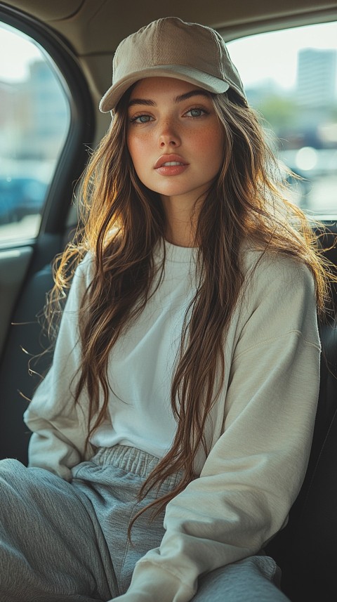 Side View of a Woman in a Beige Cap and Gray Sweatpants Sitting in a Car's Passenger Seat – Casual Aesthetic (51)