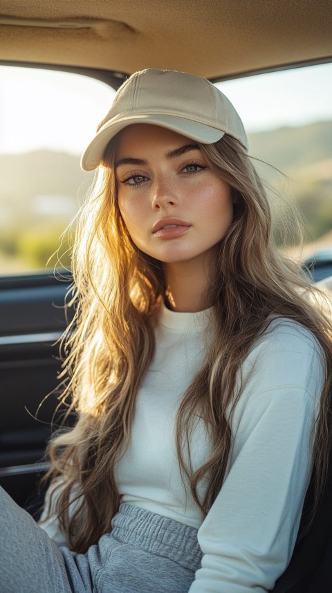 Side View of a Woman in a Beige Cap and Gray Sweatpants Sitting in a Car's Passenger Seat – Casual Aesthetic (77)