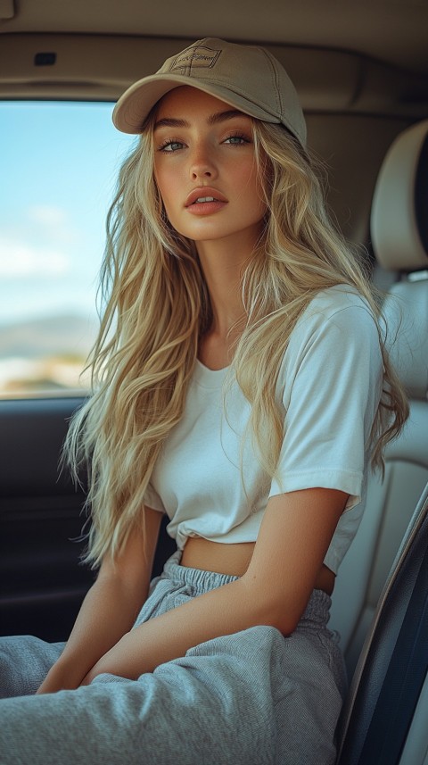 Side View of a Woman in a Beige Cap and Gray Sweatpants Sitting in a Car's Passenger Seat – Casual Aesthetic (84)