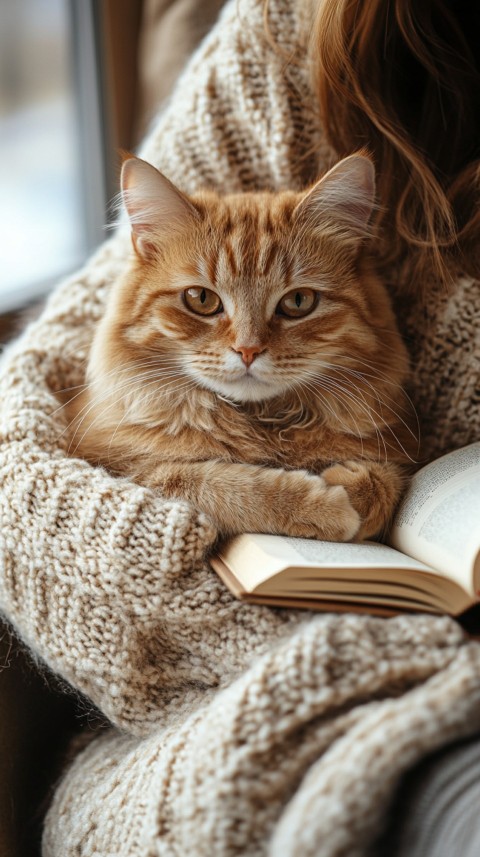 Woman’s Lap with a Brown Cat and an Open Book Nearby – Feminine Blogger Aesthetic (3)