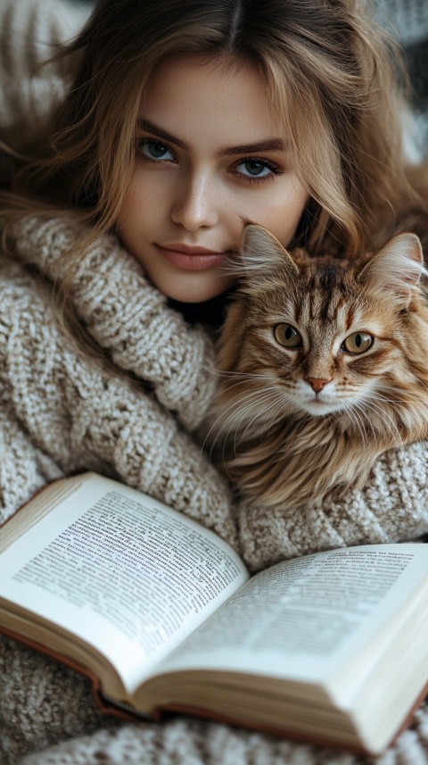 Woman’s Lap with a Brown Cat and an Open Book Nearby – Feminine Blogger Aesthetic (24)