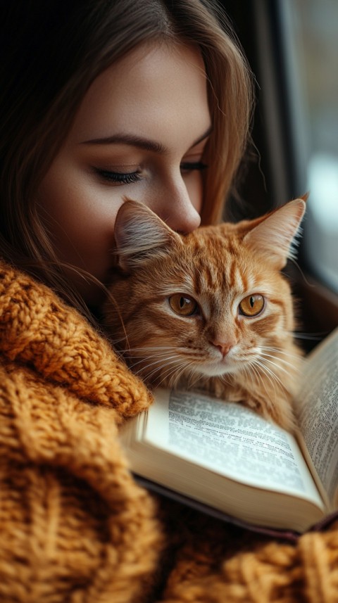 Woman’s Lap with a Brown Cat and an Open Book Nearby – Feminine Blogger Aesthetic (33)