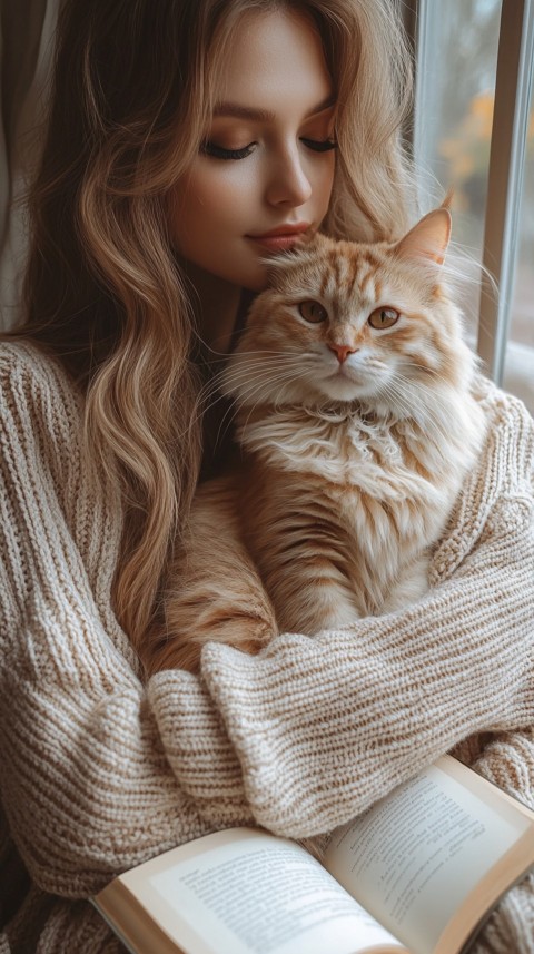 Woman’s Lap with a Brown Cat and an Open Book Nearby – Feminine Blogger Aesthetic (53)