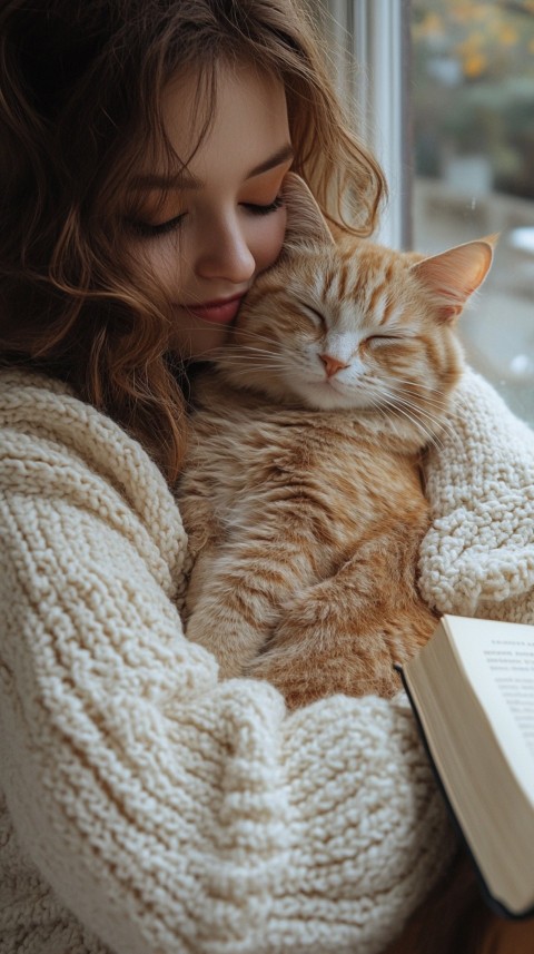 Woman’s Lap with a Brown Cat and an Open Book Nearby – Feminine Blogger Aesthetic (69)