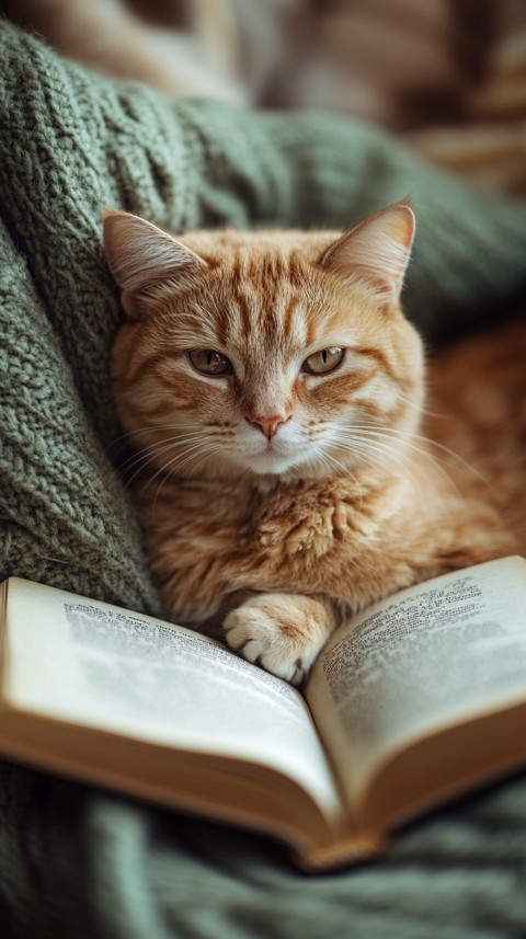 Woman’s Lap with a Brown Cat and an Open Book Nearby – Feminine Blogger Aesthetic (101)