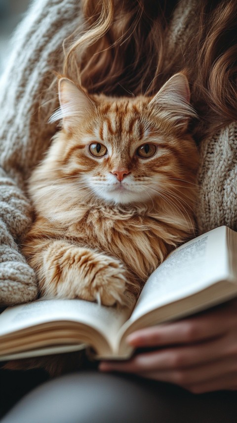 Woman’s Lap with a Brown Cat and an Open Book Nearby – Feminine Blogger Aesthetic (109)