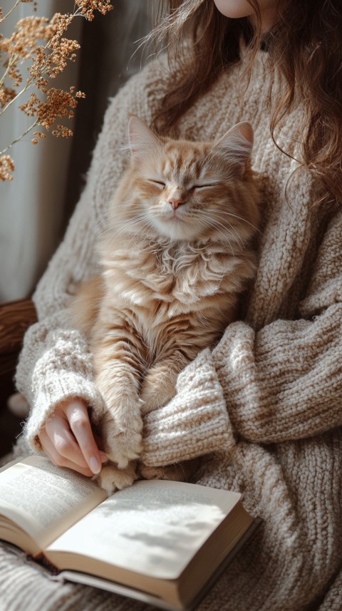 Woman’s Lap with a Brown Cat and an Open Book Nearby – Feminine Blogger Aesthetic (117)