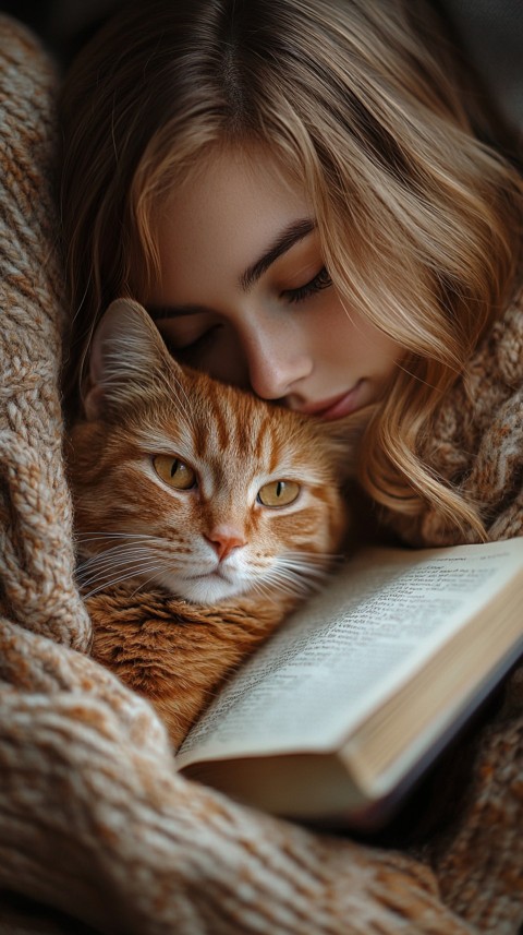 Woman’s Lap with a Brown Cat and an Open Book Nearby – Feminine Blogger Aesthetic (119)