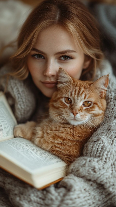 Woman’s Lap with a Brown Cat and an Open Book Nearby – Feminine Blogger Aesthetic (149)