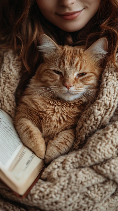 Woman’s Lap with a Brown Cat and an Open Book Nearby – Feminine Blogger Aesthetic (129)