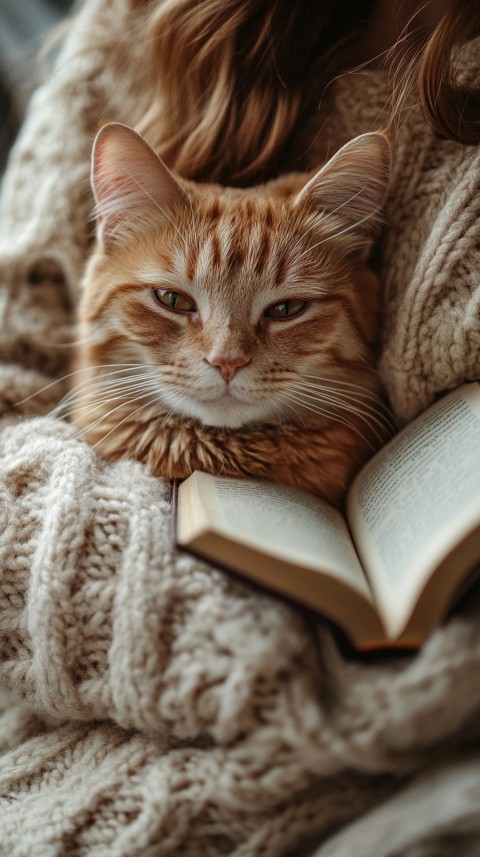 Woman’s Lap with a Brown Cat and an Open Book Nearby – Feminine Blogger Aesthetic (141)