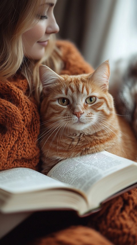 Woman’s Lap with a Brown Cat and an Open Book Nearby – Feminine Blogger Aesthetic (127)