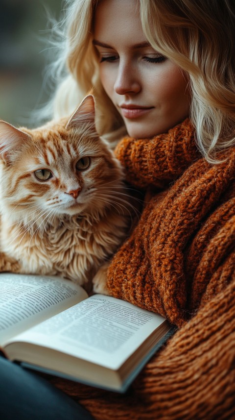 Woman’s Lap with a Brown Cat and an Open Book Nearby – Feminine Blogger Aesthetic (144)