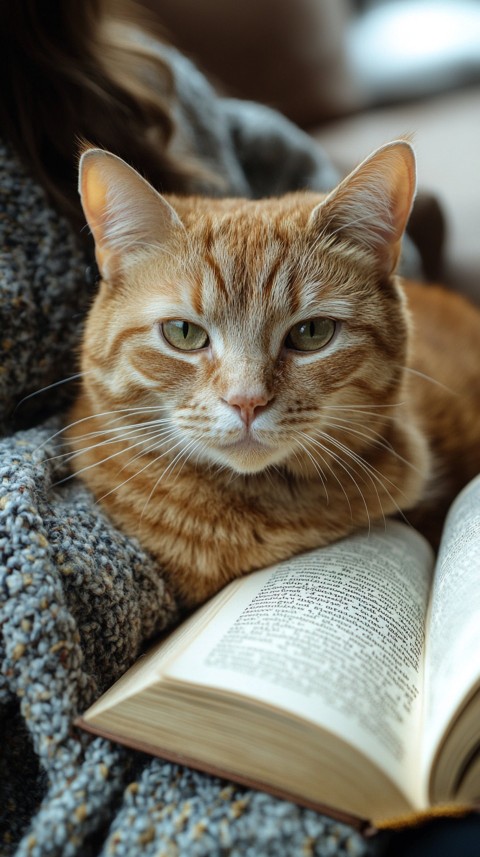 Woman’s Lap with a Brown Cat and an Open Book Nearby – Feminine Blogger Aesthetic (159)