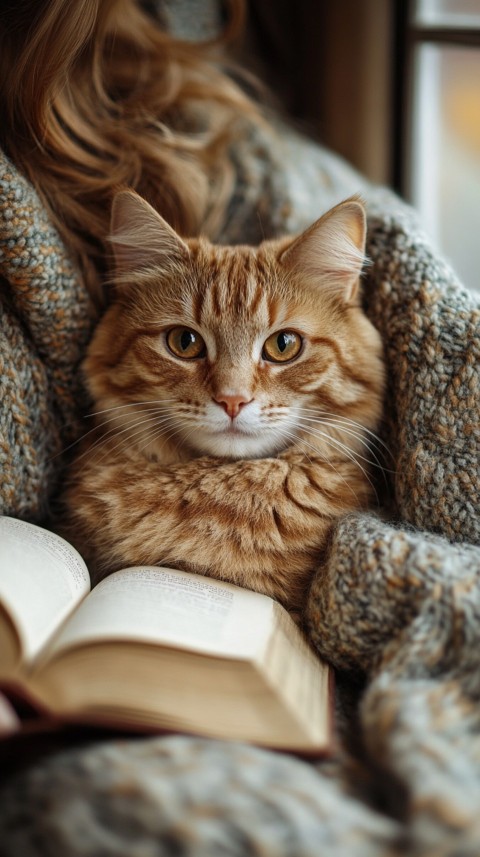 Woman’s Lap with a Brown Cat and an Open Book Nearby – Feminine Blogger Aesthetic (135)