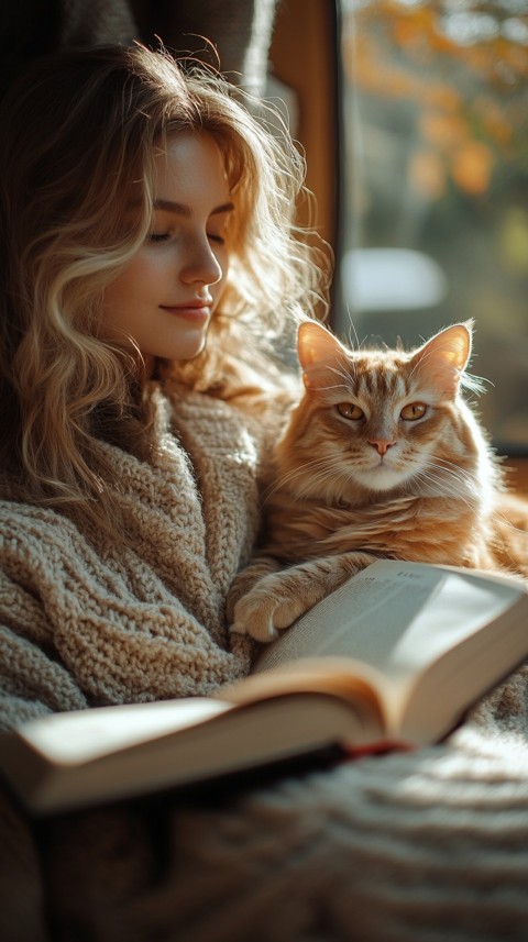 Woman’s Lap with a Brown Cat and an Open Book Nearby – Feminine Blogger Aesthetic (174)