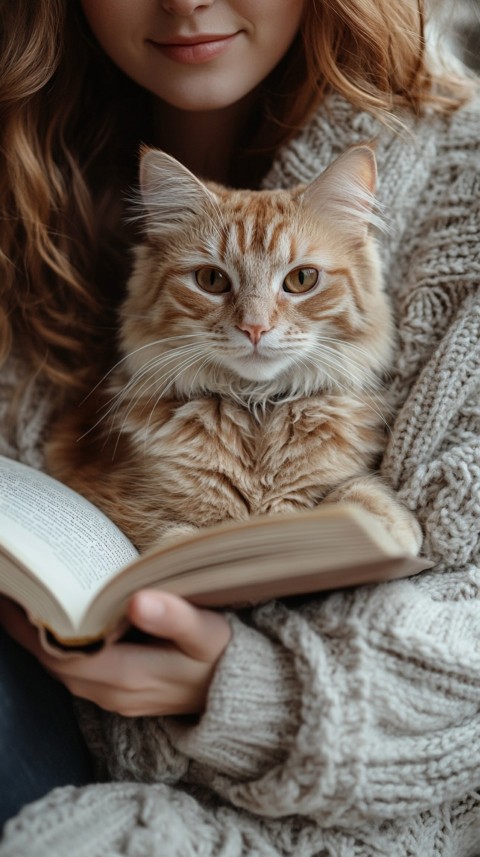 Woman’s Lap with a Brown Cat and an Open Book Nearby – Feminine Blogger Aesthetic (180)