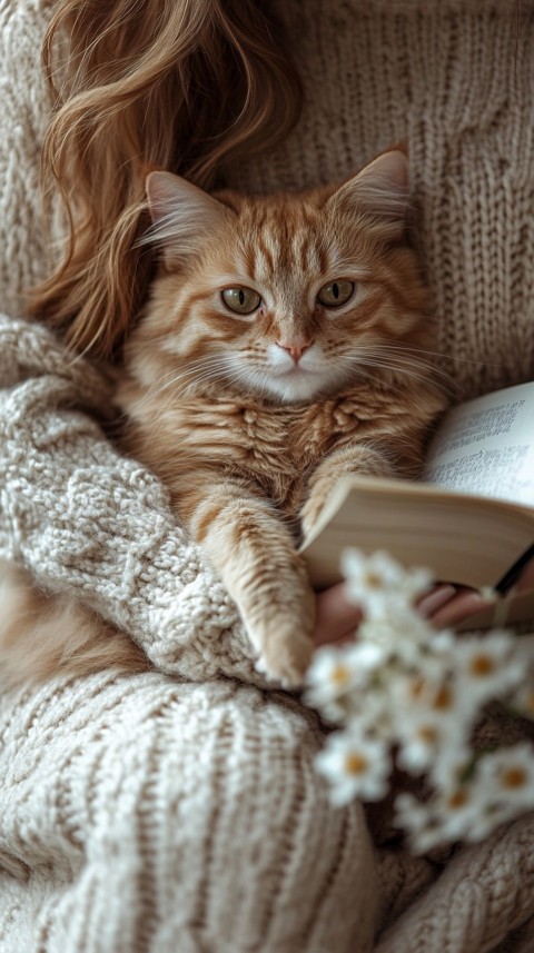 Woman’s Lap with a Brown Cat and an Open Book Nearby – Feminine Blogger Aesthetic (188)