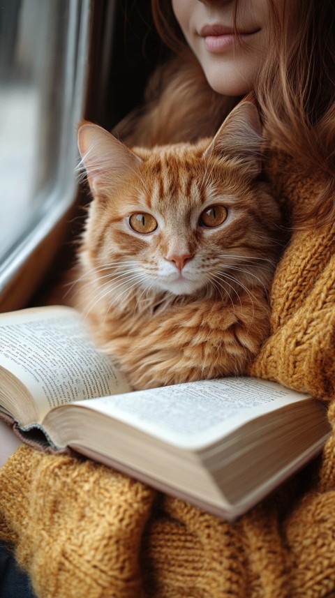 Woman’s Lap with a Brown Cat and an Open Book Nearby – Feminine Blogger Aesthetic (173)