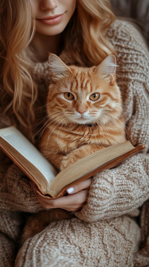 Woman’s Lap with a Brown Cat and an Open Book Nearby – Feminine Blogger Aesthetic (196)