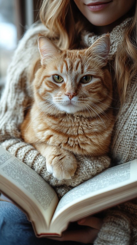 Woman’s Lap with a Brown Cat and an Open Book Nearby – Feminine Blogger Aesthetic (175)