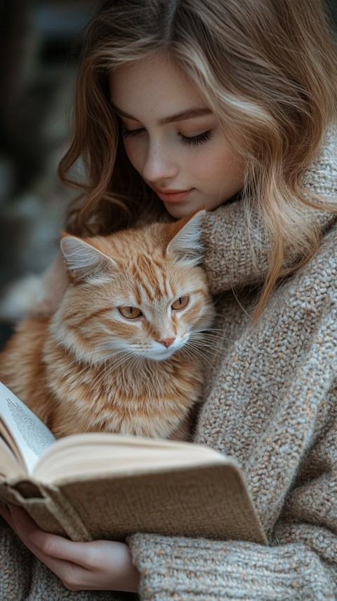 Woman’s Lap with a Brown Cat and an Open Book Nearby – Feminine Blogger Aesthetic (176)