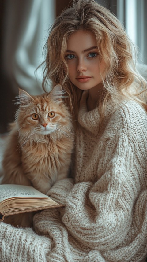 Woman’s Lap with a Brown Cat and an Open Book Nearby – Feminine Blogger Aesthetic (172)