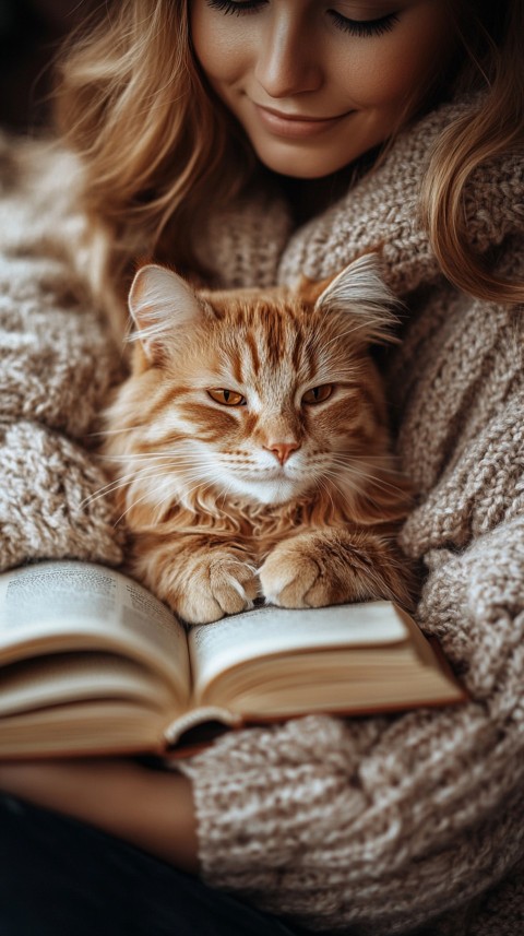 Woman’s Lap with a Brown Cat and an Open Book Nearby – Feminine Blogger Aesthetic (224)