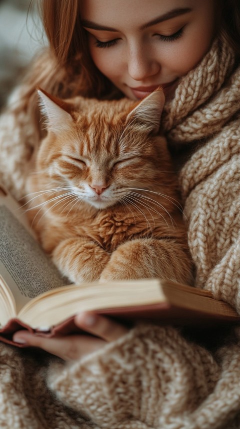 Woman’s Lap with a Brown Cat and an Open Book Nearby – Feminine Blogger Aesthetic (225)