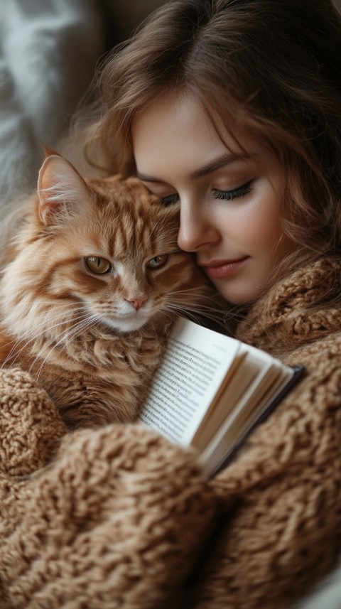 Woman’s Lap with a Brown Cat and an Open Book Nearby – Feminine Blogger Aesthetic (203)